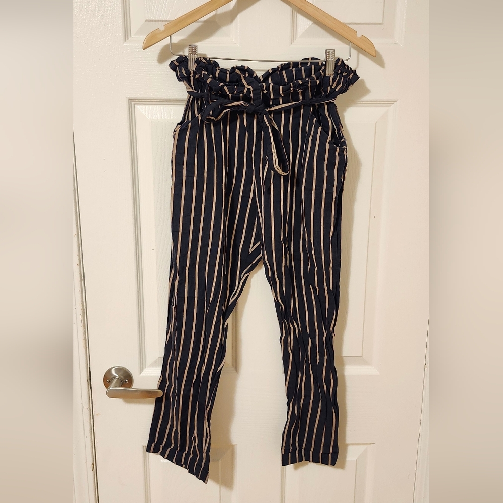 Striped Linen Paperbag Waist Pants